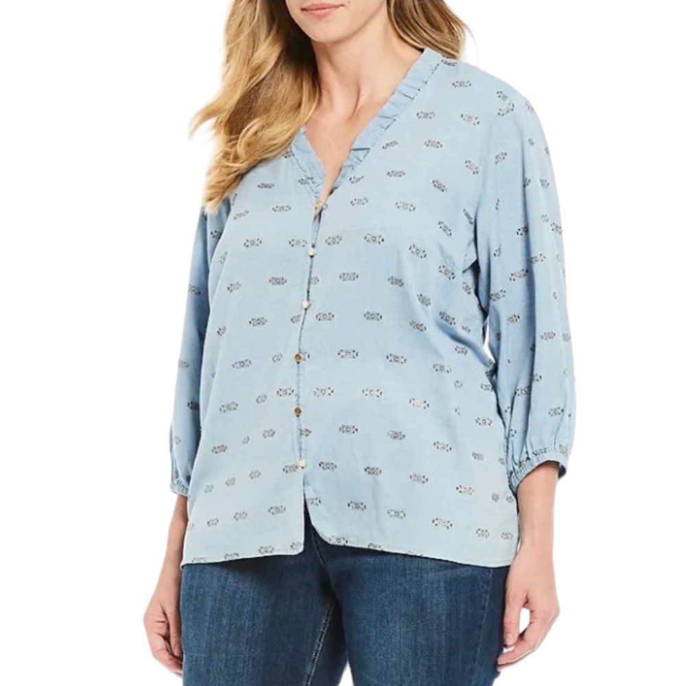 Chelsea & Theodore Chambray Ruffle Neckline Blouse w/ Metallic Thread NWT